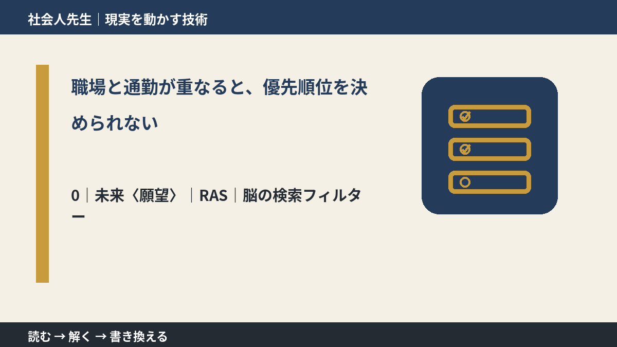 職場と通勤が重なると、優先順位を決められないとき、未来を判断基準にするには?|RAS|脳の検索フィルター