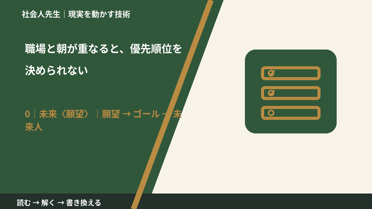 職場と朝が重なると、優先順位を決められないとき、未来を判断基準にするには?|願望 → ゴール → 未来人