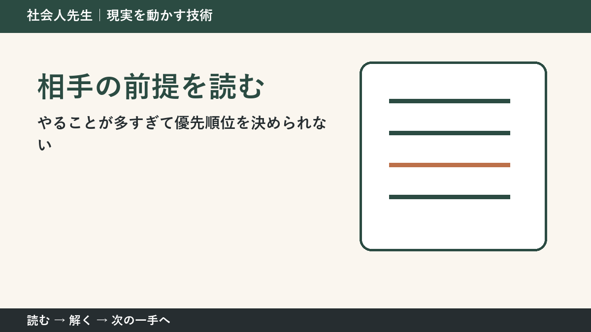 やることが多すぎて優先順位を決められないときの見方を変える｜相手の前提を読むで判断基準を取り戻す