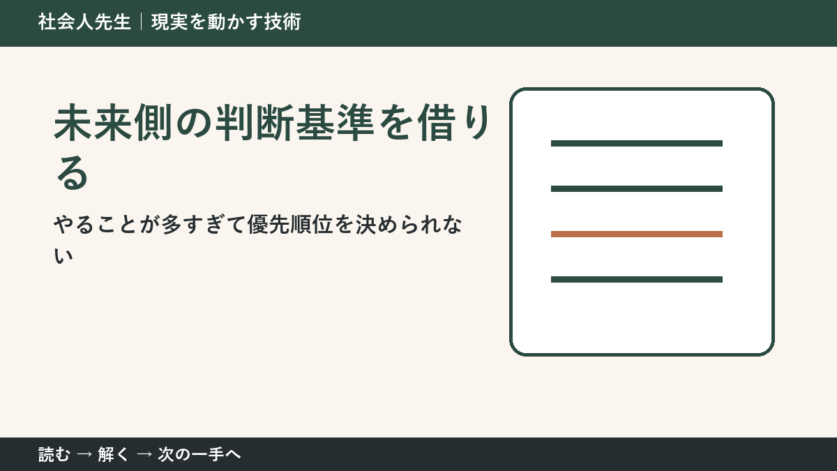 やることが多すぎて優先順位を決められないとき、最初に変えるのは答えではない｜未来側の判断基準を借りるで次の一手をつくる