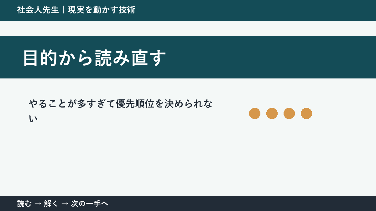 やることが多すぎて優先順位を決められないとき、何を先に確かめる？｜目的から読み直すの実践