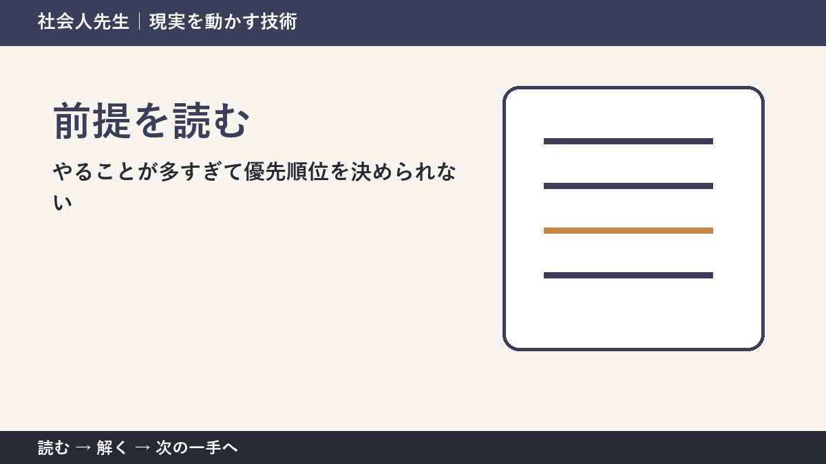 やることが多すぎて優先順位を決められないとき、視点を一段ずらす｜前提を読むを仕事で使う