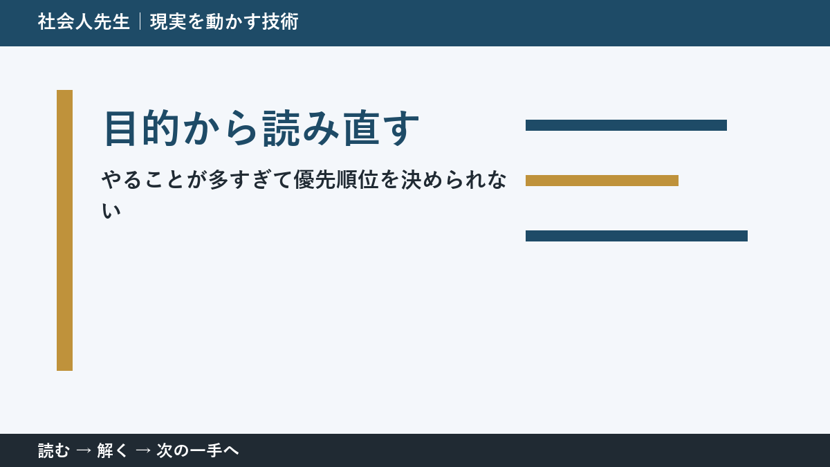 なぜやることが多すぎて優先順位を決められないのか｜目的から読み直すで『いま見えている現実』を読み直す