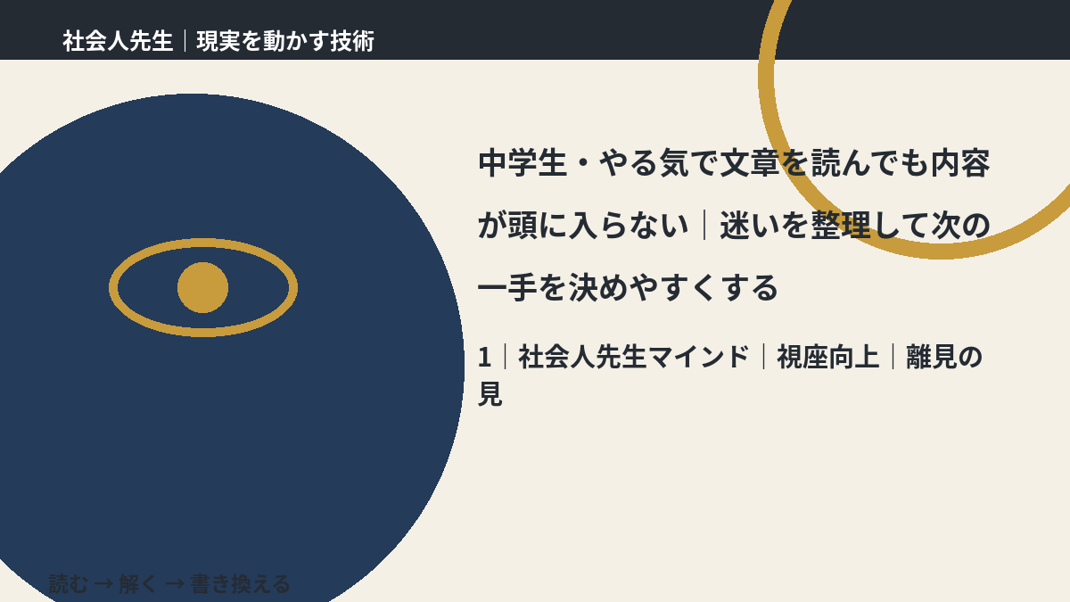 中学生・やる気で文章を読んでも内容が頭に入らない｜迷いを整理して次の一手を決めやすくするとき、自分の見方だけで決めないために｜視座向上｜離見の見