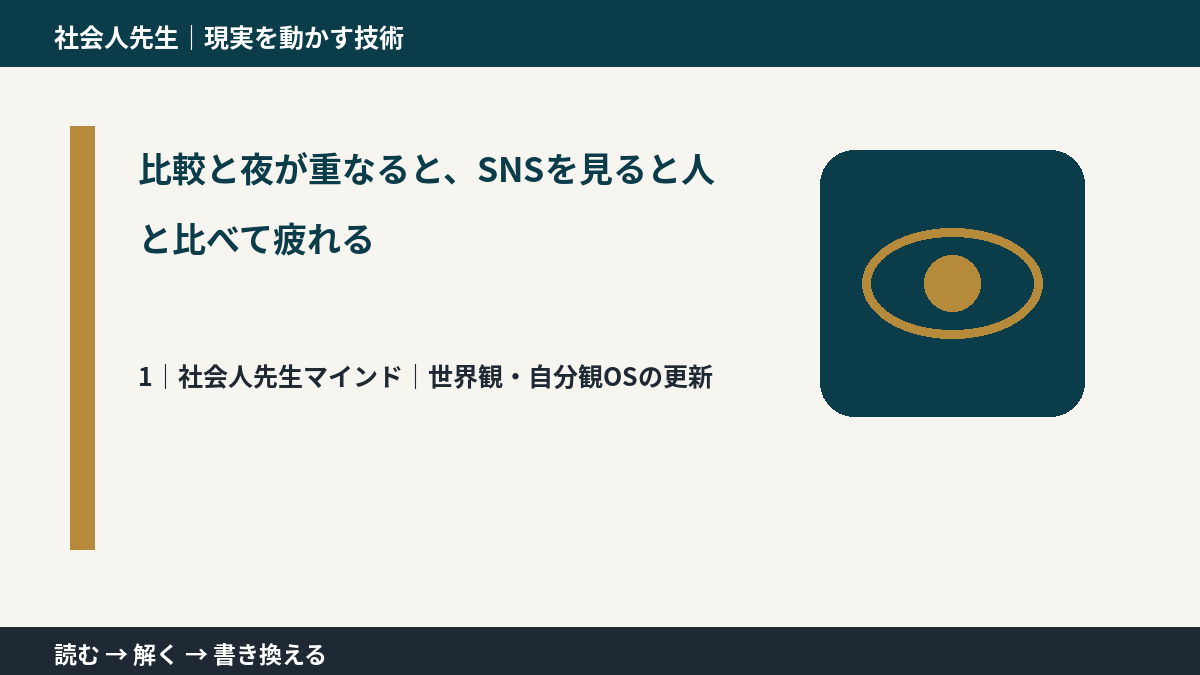 比較と夜が重なると、SNSを見ると人と比べて疲れるとき、自分の見方だけで決めないために｜世界観・自分観OSの更新