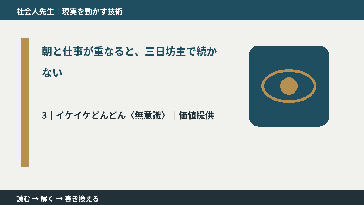 朝と仕事が重なると、三日坊主で続かないとき、気合いでなく自然に動ける状態を育てる｜価値提供