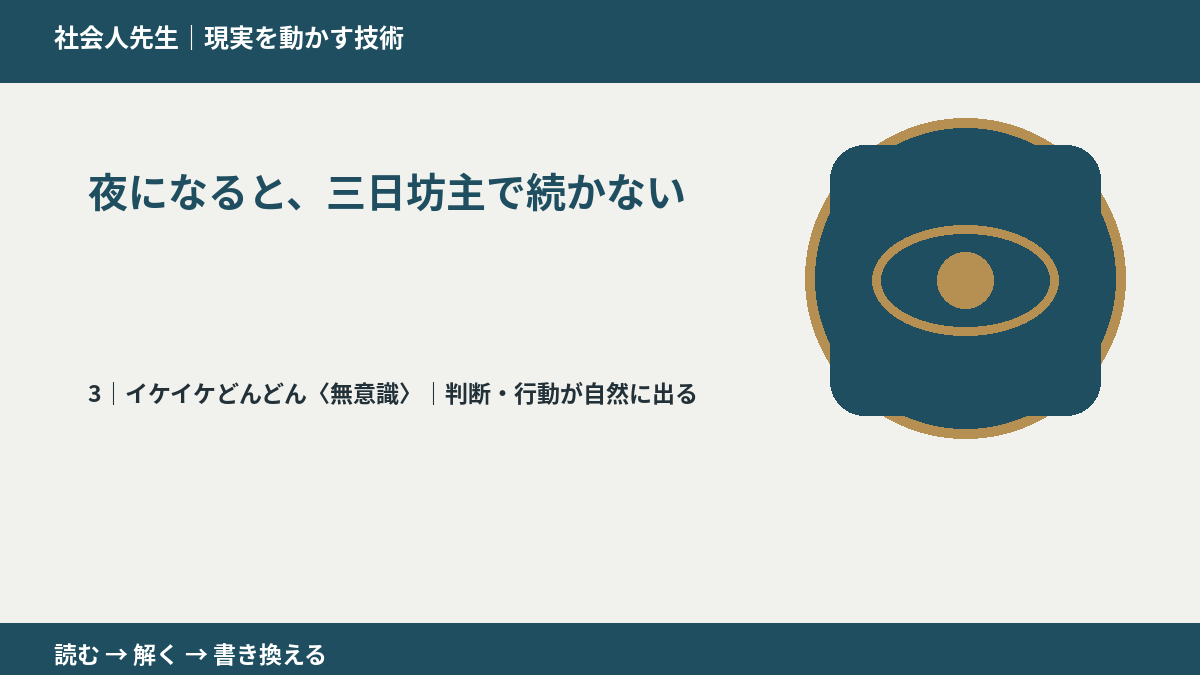 夜になると、三日坊主で続かないとき、気合いでなく自然に動ける状態を育てる｜判断・行動が自然に出る