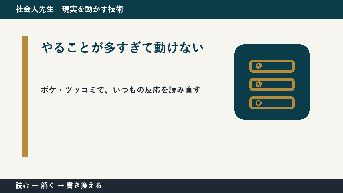 やることが多すぎて動けない｜ボケ・ツッコミで次の一手までほどく｜相手の前提