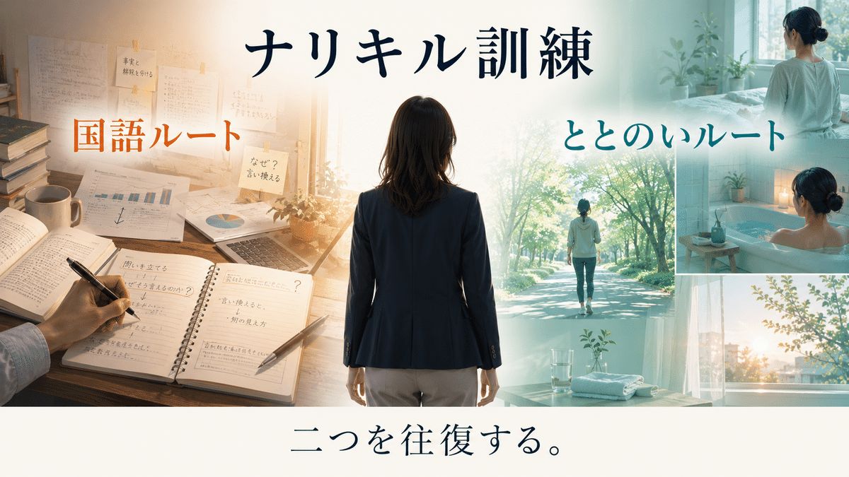国語ルートとととのいルートを往復し、未来人の視座を育てるナリキル訓練のイメージ