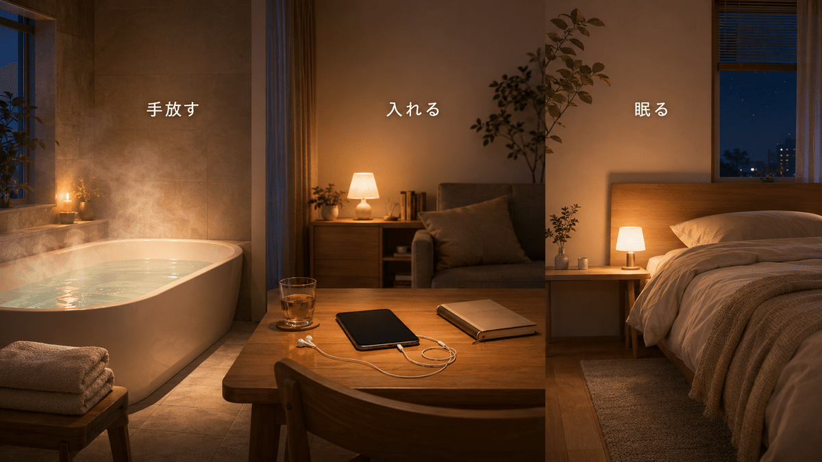 夜に一日の緊張を手放し、未来人として必要な情報を入れて眠る実践のイメージ