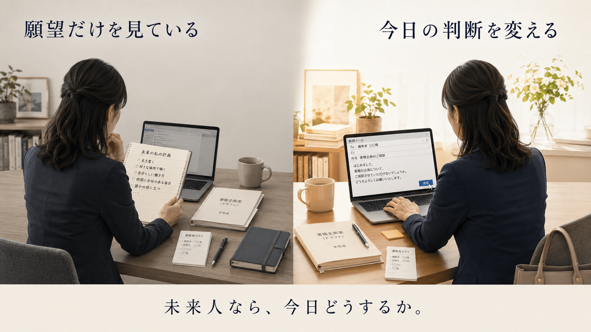 未来を願うだけでなく、現在の判断と行動を変える必要があることを示すイメージ