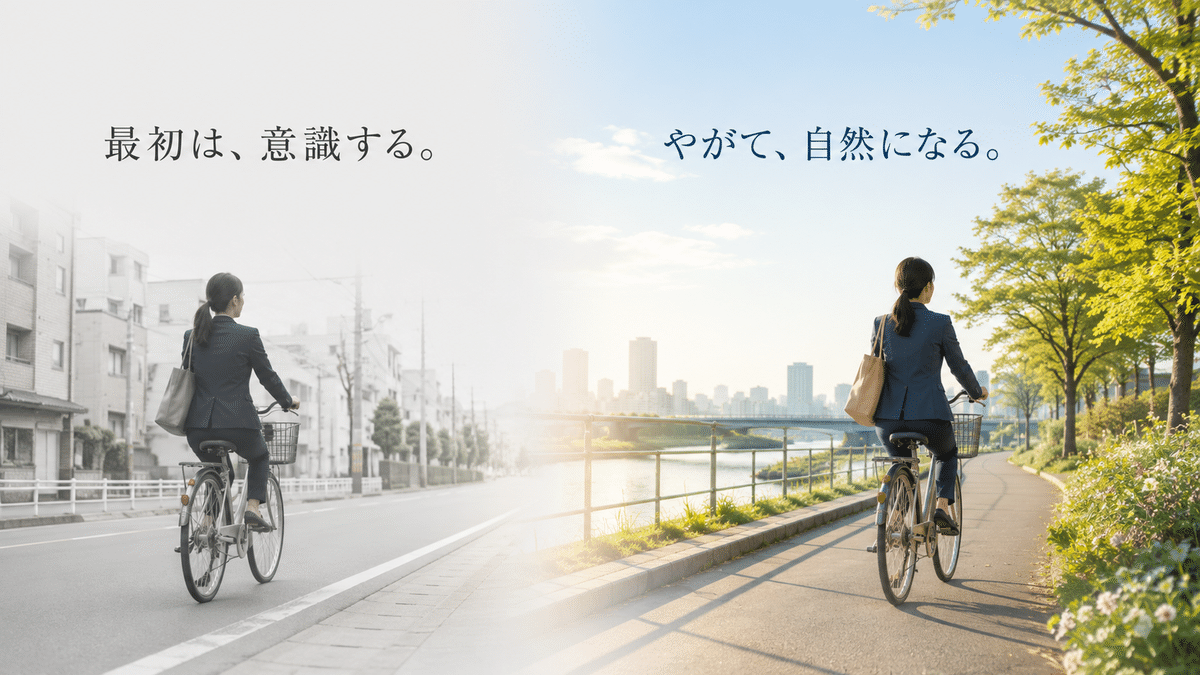 繰り返すうちに意識していた判断が自然になることを自転車になぞらえたイメージ